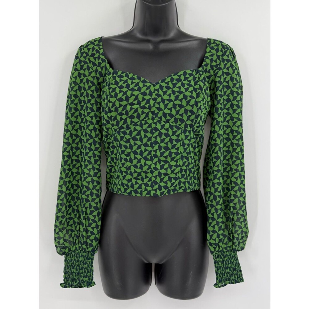 NWT Abercrombie & Fitch Smocked Puff Sleeve Crop Top | Navy/Green Print | Small